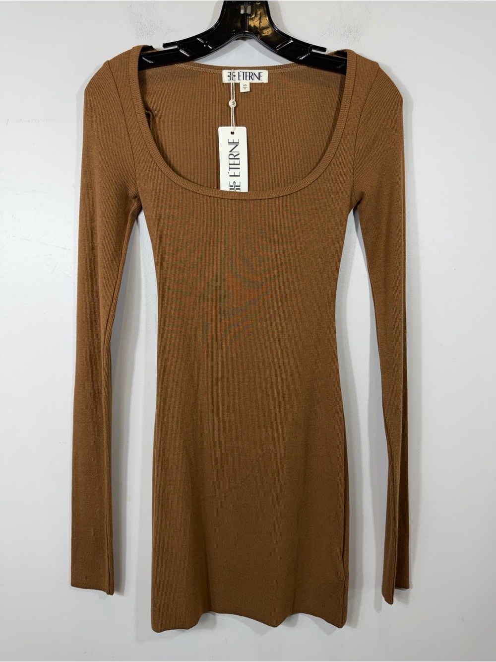 ÉTERNE XS Rib Knit Mini Dress Brown Long Sleeve Scoop Neck Cotton Modal NWT USA